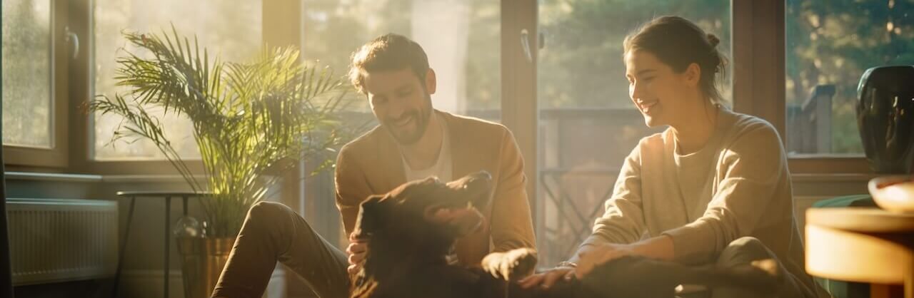 family sitting with cat and dog